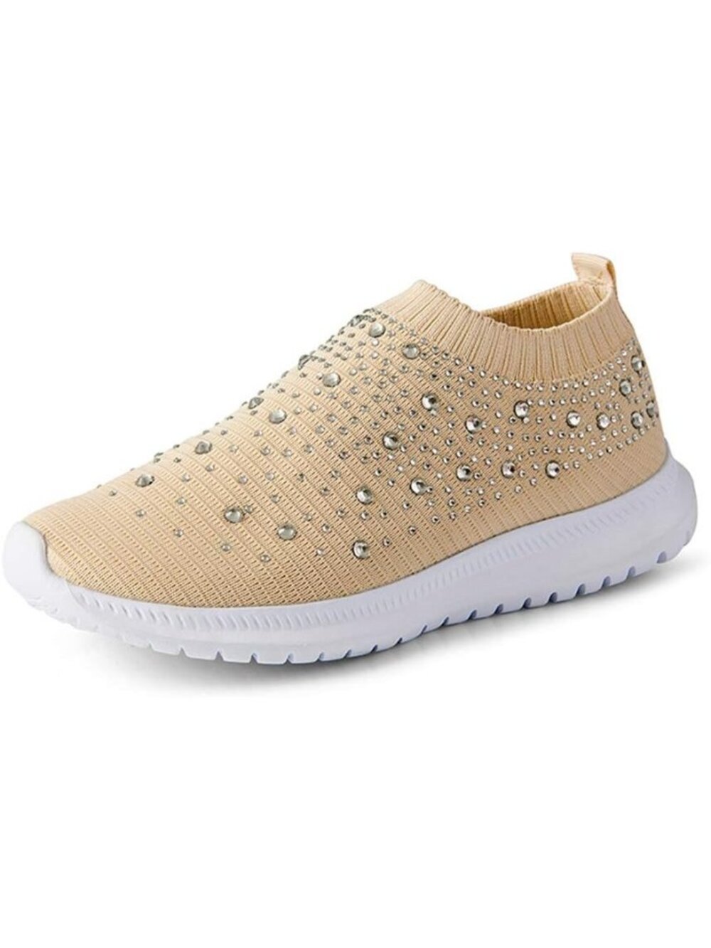 Women's Khaki Mesh Rhinestone Glitter Slip On Ballroom Jazz Latin Sock Sneakers